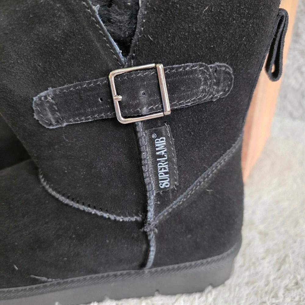 SuperLamb Argali Black Suede Sheepskin Lined Winter Boots Women 10‎ Narrow NEW